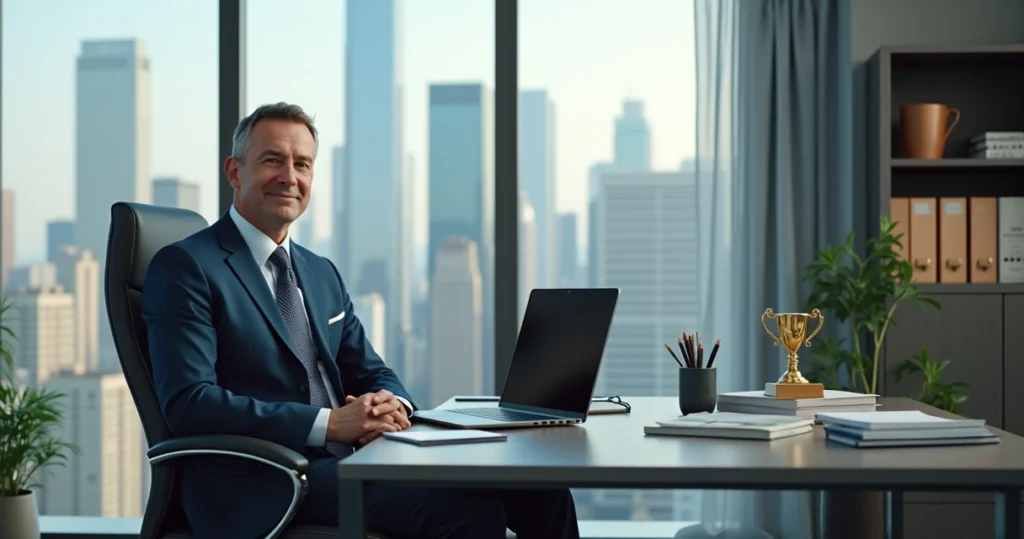 Man in business attire sitting confidently in modern office with cityscape background