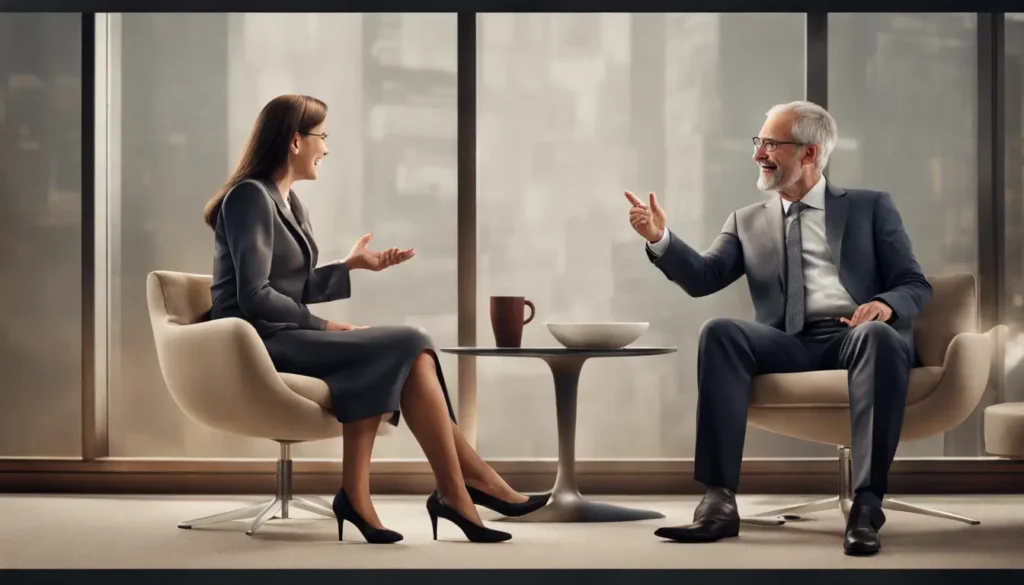 Image depicting an engaging discussion between two individuals in a home office, illustrating the transition from corporate life to consulting.