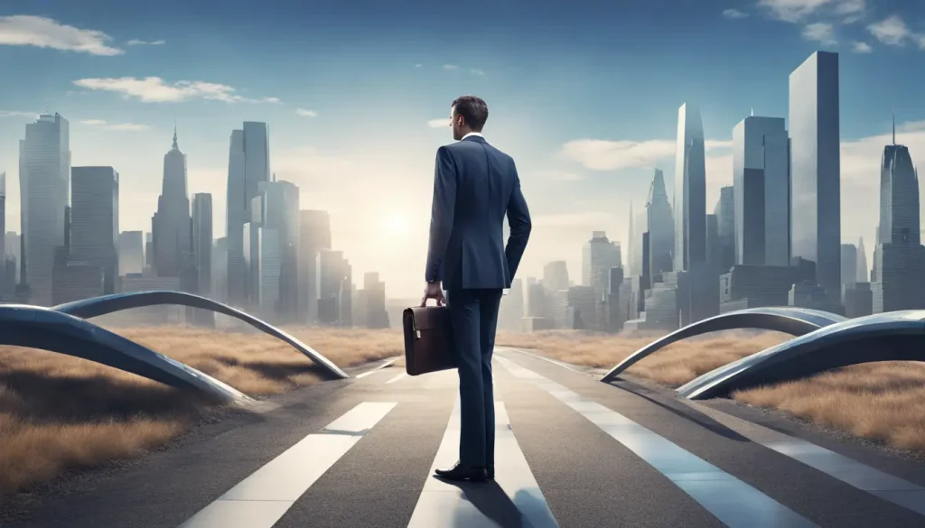 Executive at a crossroads, choosing between a laptop and a briefcase, with a futuristic city in the background, symbolizing transition to the knowledge industry.