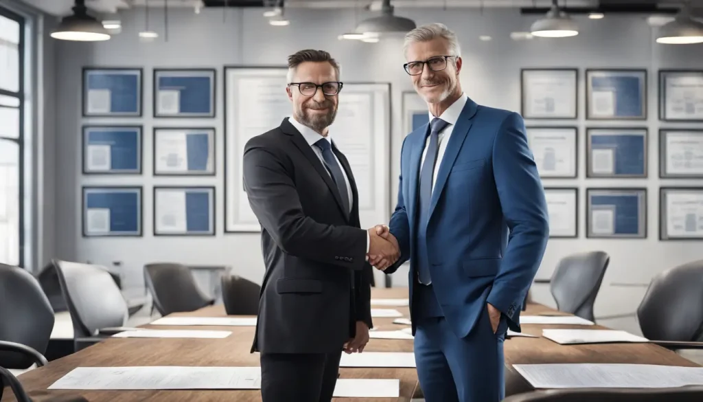 Professional headhunter in black suit shaking hands with skilled industry expert in blue suit, modern office with framed certificates in the background.