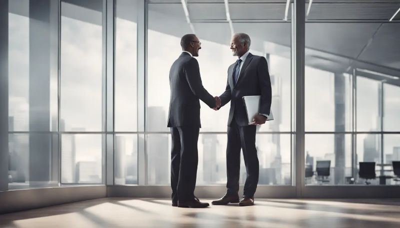 Professional office environment with two colleagues shaking hands, symbolizing leaving a company on good terms, cityscape in the background.