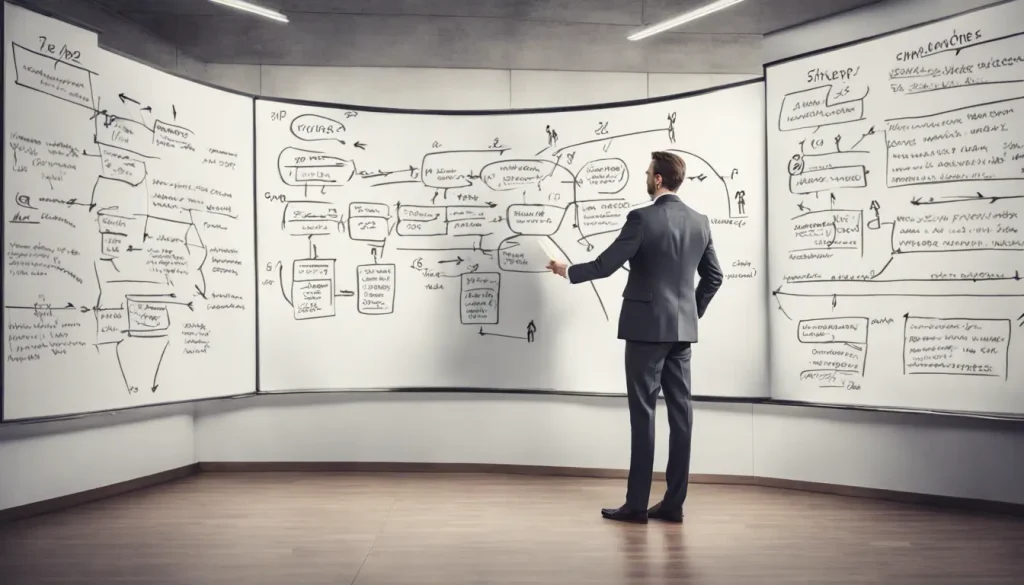 A business person explaining a decision tree diagram on a whiteboard to colleagues, illustrating effective decision-making steps in a professional setting.