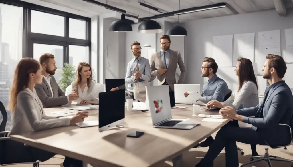 SMall team of professionals in a modern conference room participating in a daily meeting, with laptops, notepads, and a presentation screen enhancing communication.