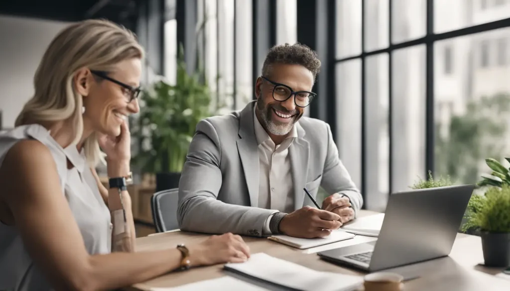 A professional coach and client having a positive conversation at a desk in a modern office, featuring a notebook, pen, and laptop, illustrating the benefits of coaching.