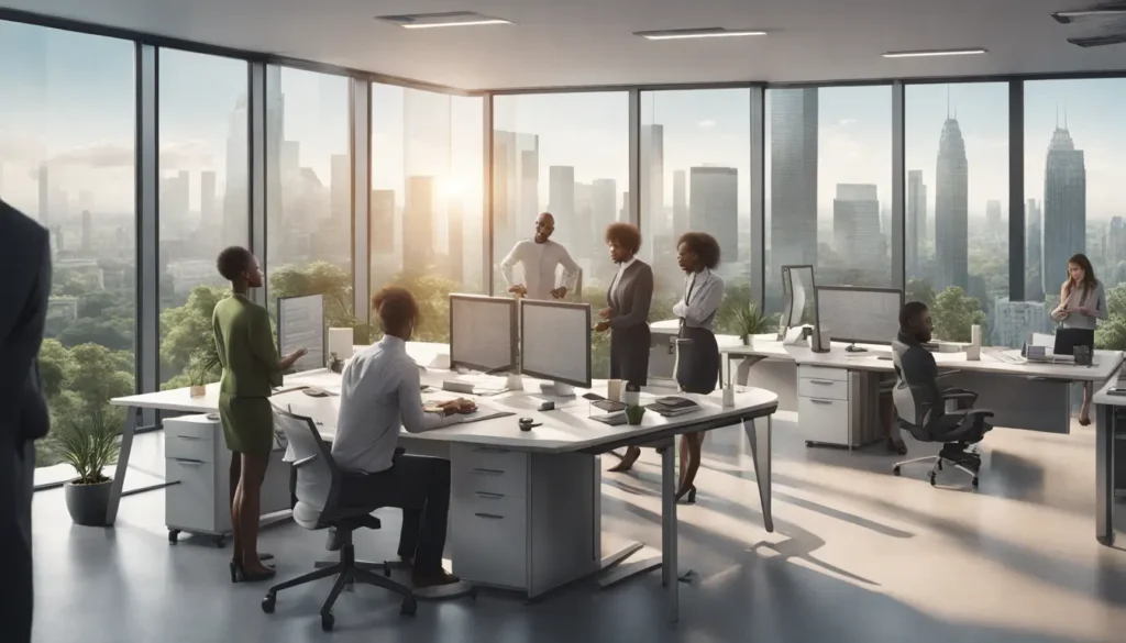 A confident young leader in a modern office, standing at a desk with a laptop and charts, surrounded by diverse colleagues, with cityscape and parks visible through large windows.