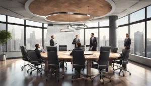 Conference room with wooden table, older executives passing a briefcase to younger professionals, cityscape view in background.