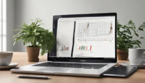 Office desk with notebook, pen, coffee cup, laptop showing bar chart, and potted plant against a white wall.