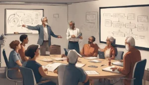 one young executive discussing with his mentor around a table with laptops, and a whiteboard with diagrams.