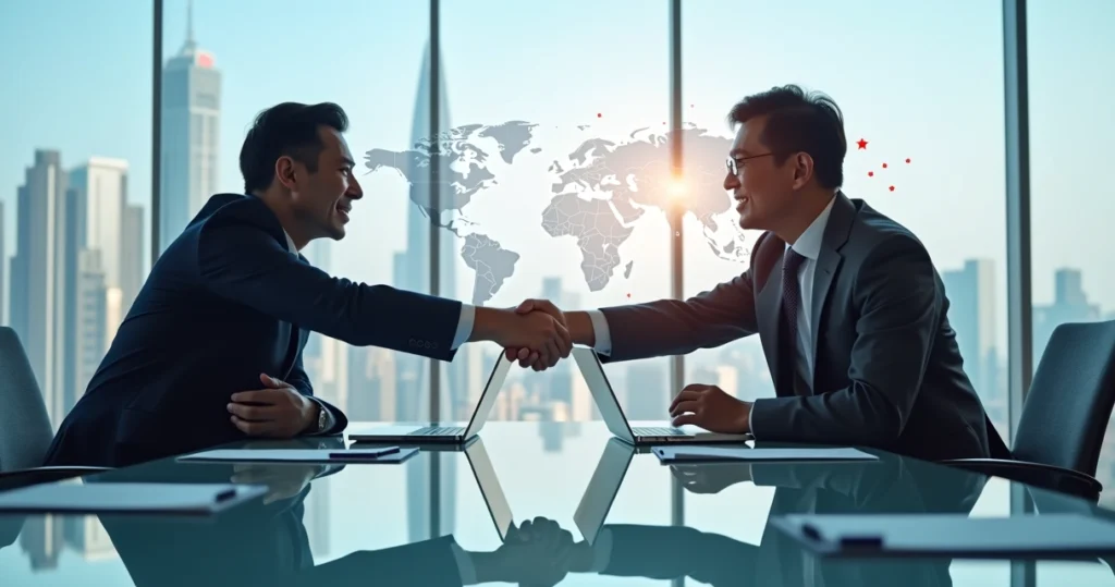 European and Chinese business leaders shaking hands in a modern joint venture setting